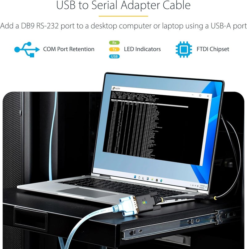 Star Tech 6.6ft/2m USB to Serial Adapter Cable, COM Retention, FTDI, USB-A to DB9 RS232, Interchangeable DB9 Screws/Nuts - Image 2